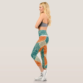 Teal, Orange, and Tan Abstract Flowers  Capri Leggings