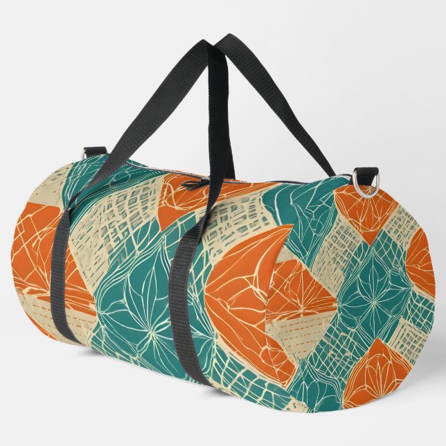 Teal, Orange, and Tan Abstract Flowers Duffle Bag (Linke Ecke)