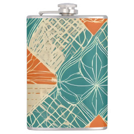 Teal, Orange, and Tan Abstract Flowers Flachmann