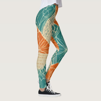 Teal, Orange, and Tan Abstract Flowers  Leggings