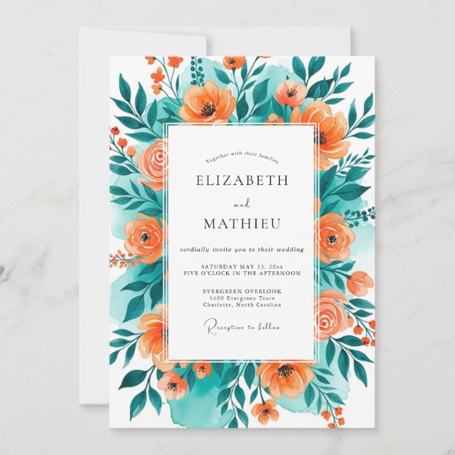 Teal Orange Blissful Summer Wedding Einladung (Vorderseite)