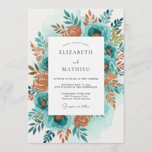 Teal Orange Malerische Blütenhochzeit Einladung