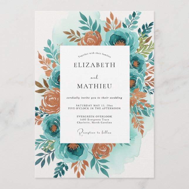 Teal Orange Painterly Bloom Wedding Einladung (Vorderseite)