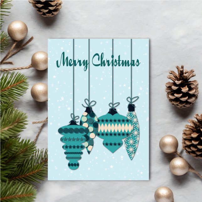 Teal Ornaments Christmas Karte (Personalize your holiday wishes, by adding a custom message.)