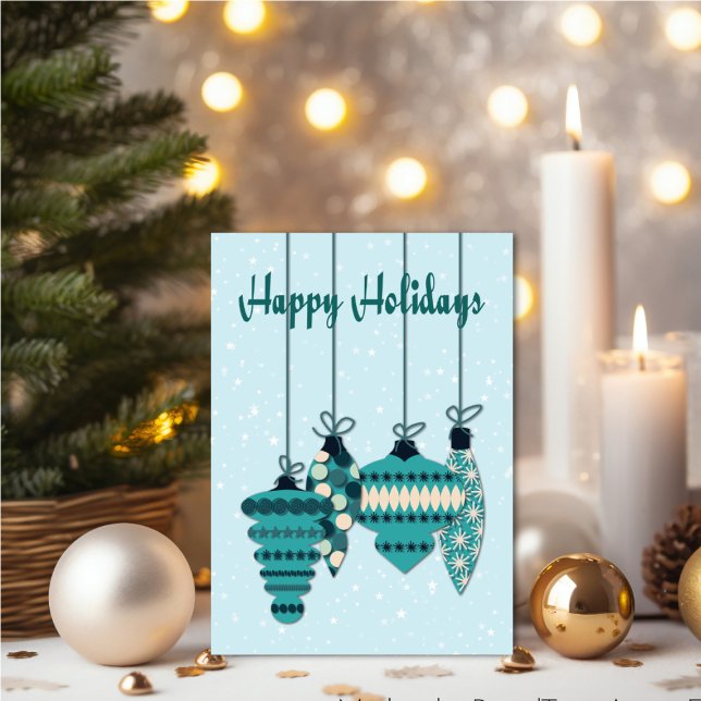 Teal Ornaments Holiday Karte (Personalize your holiday wishes, by adding a custom message.)