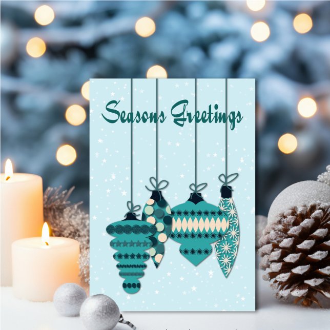 Teal Ornaments Seasons Greetings Karte (Personalize your holiday wishes, by adding a custom message.)