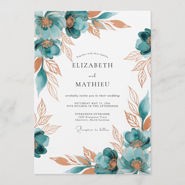 Teal Painterly Floral Romance Wedding Einladung (Vorderseite)