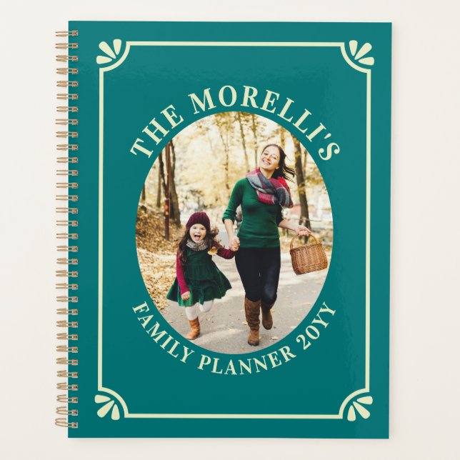 Teal & Pale Yellow Oval Photo Family Planer (Vorderseite)