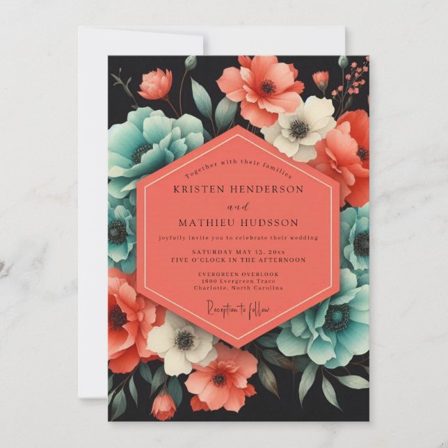 Teal Paprika Bloom Hochzeit Einladung (Vorderseite)