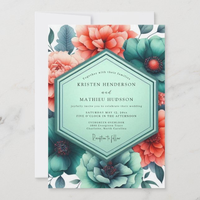 Teal Paprika Vibrant Flora Wedding Einladung (Vorderseite)