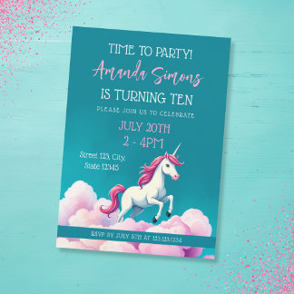 Teal Pastel Clouds Unicorn Girl 10th Birthday Einladung
