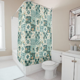 Teal Patchwork-Quilt Rustikale Blumen Retro  Duschvorhang