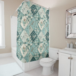 Teal Patchwork-Quilt Rustikale Blumen Retro  Duschvorhang