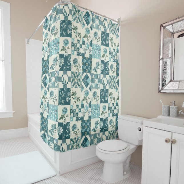 Teal Patchwork-Quilt Rustikale Blumen Retro  Duschvorhang (Beispiel)