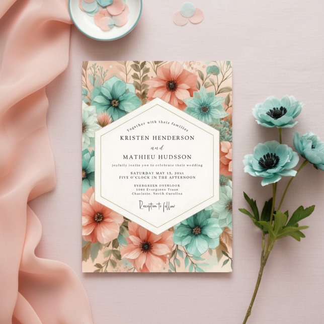 Teal Peach Floral Ethereal Wedding Einladung (Von Creator hochgeladen)