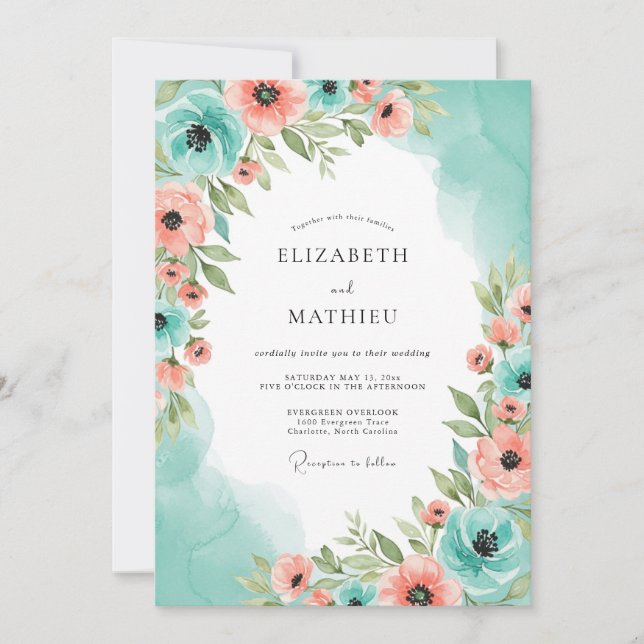 Teal Peach Heavenly Spring Wedding Einladung (Vorderseite)