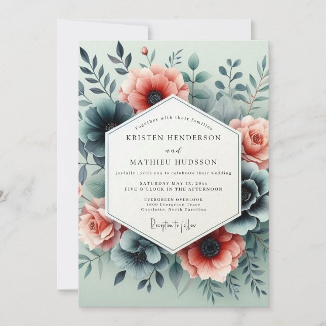 Teal Peach Somber Bloom Wedding Einladung (Vorderseite)