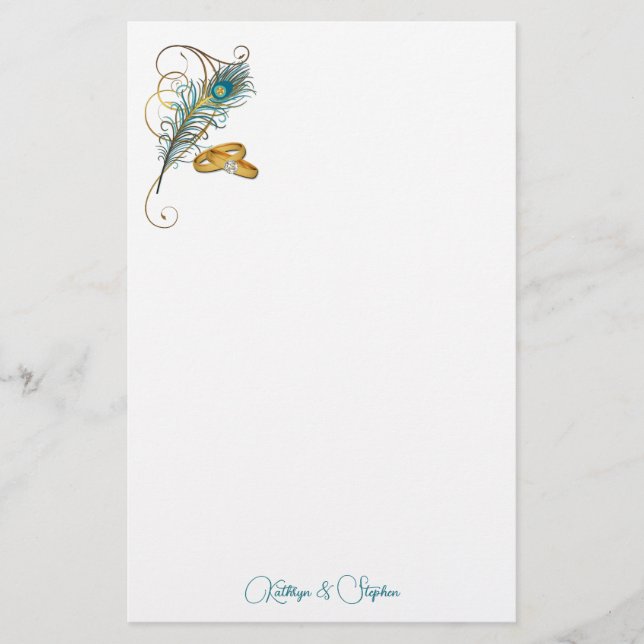 Teal Peacock Wedding with Gold Wedding Bands Briefpapier (Vorderseite)