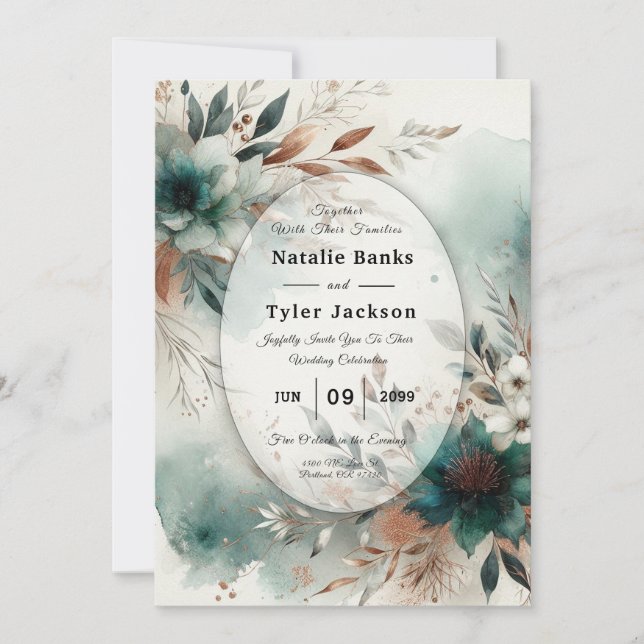 Teal Petals in Bronze Bloom Hochzeit Einladung (Vorderseite)