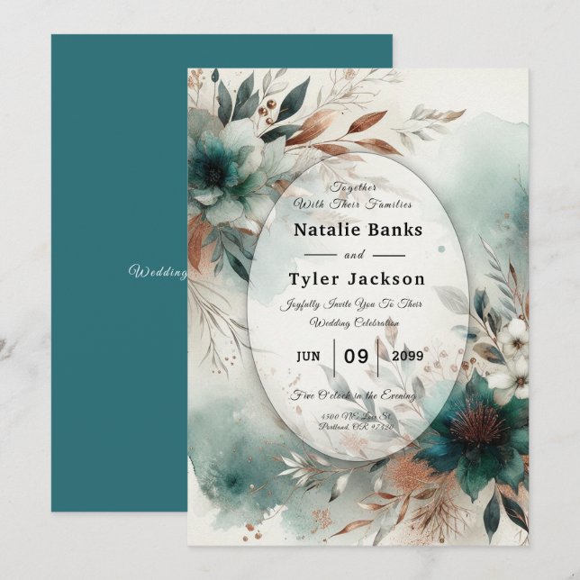Teal Petals in Bronze Bloom Wedding Einladung (Vorne/Hinten)