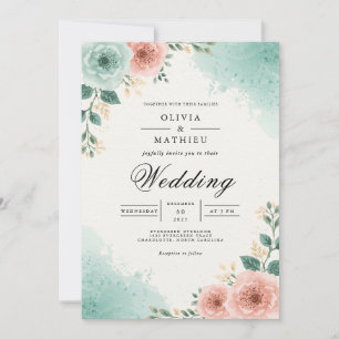 Teal-Pfirsich-Aquarell-Hochzeit Einladung