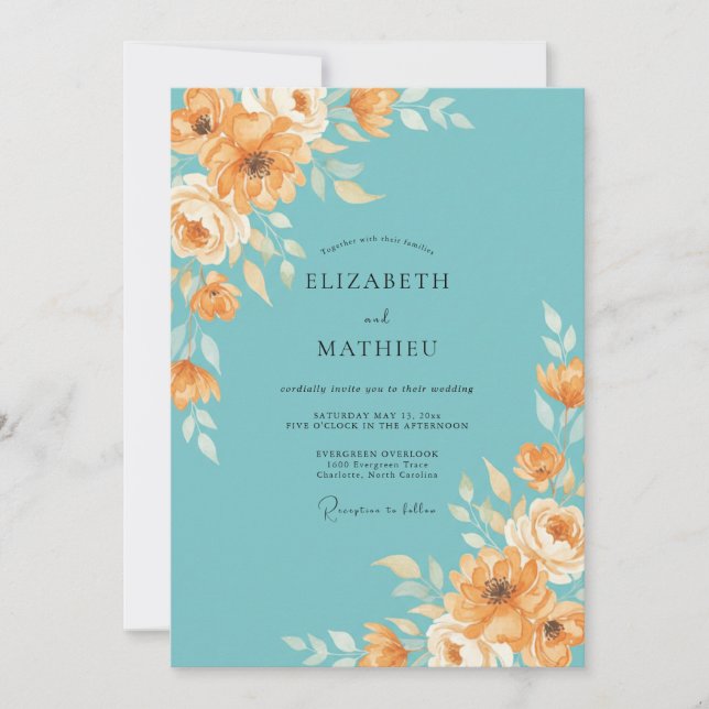 Teal-Pfirsich-Blumen-Hochzeit Einladung (Vorderseite)