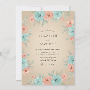 Teal-Pfirsich-Blüten-Hochzeit Einladung