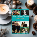Teal Photo Collage Starfish Christmas Flat Cards Feiertagskarte<br><div class="desc">Shades of teal tropical Christmas family photo card with a place for five pictures.  Warm Christmas Wishes with starfish and holly design.  Dark teal blue frames family photos with a lighter teal color on reverse.</div>