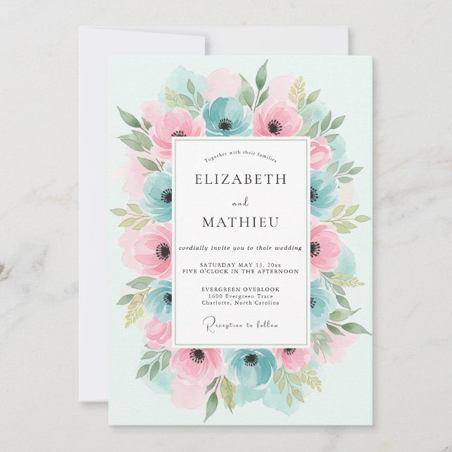 Teal Pink Floral Flourish Wedding Einladung (Vorderseite)