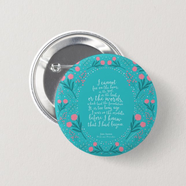 Teal & Pink Floral Jane Austen Pride and Prejudice Button (Vorne & Hinten)