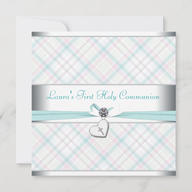 Teal Pink Heart Pink Cross First Communion Einladung (Vorderseite)