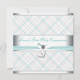 Teal Pink Heart Pink Cross First Communion Einladung