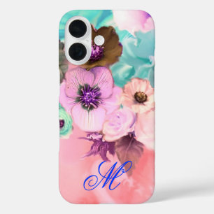 TEAL PINK ROSEN UND ANEMONENBLUMEN MONOGRAMM iPhone 16 HÜLLE