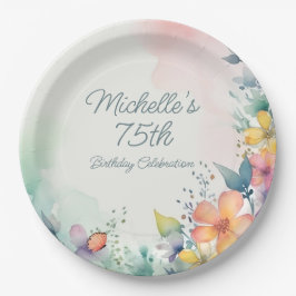 Teal Pink Yellow Pastel Floral 75th Birthday Pappteller