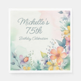 Teal Pink Yellow Pastel Floral 75th Birthday Serviette