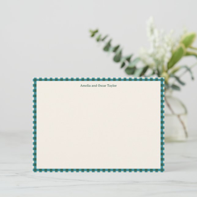 Teal Plaid Personalized Stationery Name Holiday Dankeskarte (Stehend Vorderseite)