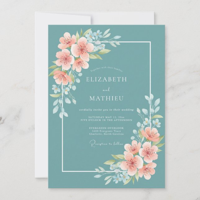 Teal Poetische Blütenhochzeit Einladung (Vorderseite)