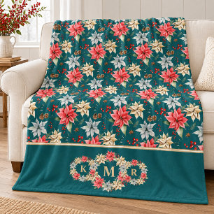 Teal Poinsettia Initialen Familienweihnachtsgesche Fleecedecke