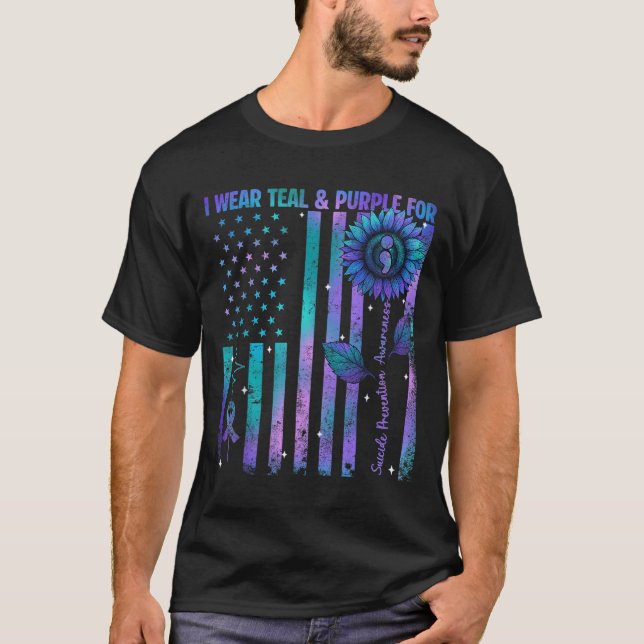 Teal Purple Us Usa Flag Suicide Prevention Awarene T-Shirt (Vorderseite)