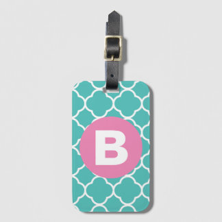 Teal Quatrefoil Pattern Custom Pink Monogram Gepäckanhänger