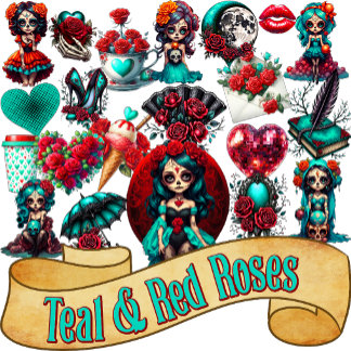 Teal Red Roses Sugar Skull  Aufkleber