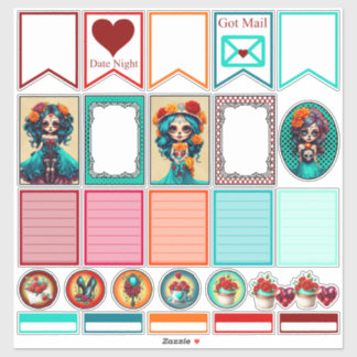 Teal Red Roses Sugar Skulls Set 3 Planner Stickers Aufkleber