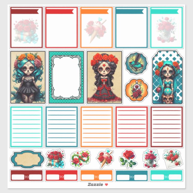 Teal Red Roses Sugar Skulls Set 4 Planner Sticker (Blatt)