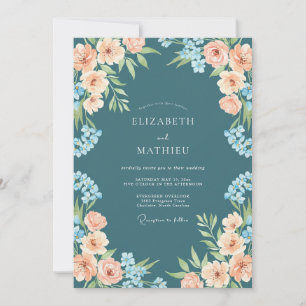 Teal Romantische Blütenhochzeit Einladung