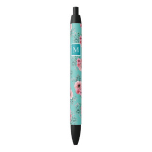 Teal Rosa und grüne florale Monogramm Kugelschreiber