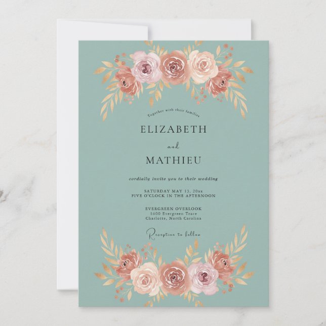 Teal Rose Blütenhochzeit Einladung (Vorderseite)