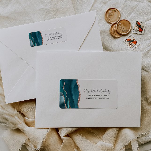Teal Rose Gold Agate Wedding Return Address (Von Creator hochgeladen)