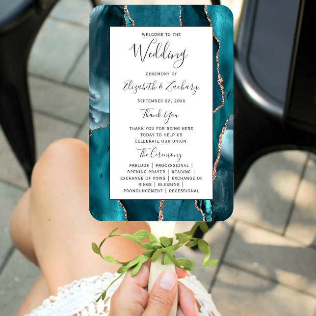 Teal Rose Gold Agate White Wedding Program Fächer (Von Creator hochgeladen)