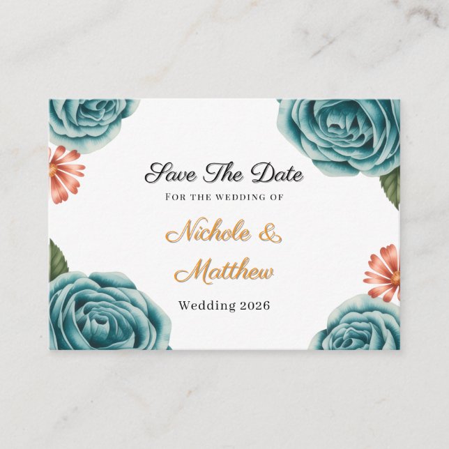 Teal Rose & Orange Daisy  Wedding Save The Date Begleitkarte (Vorderseite)