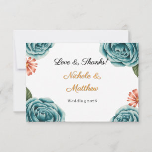 Teal-Rose und orangefarbene Daisy-Hochzeit  Dankeskarte